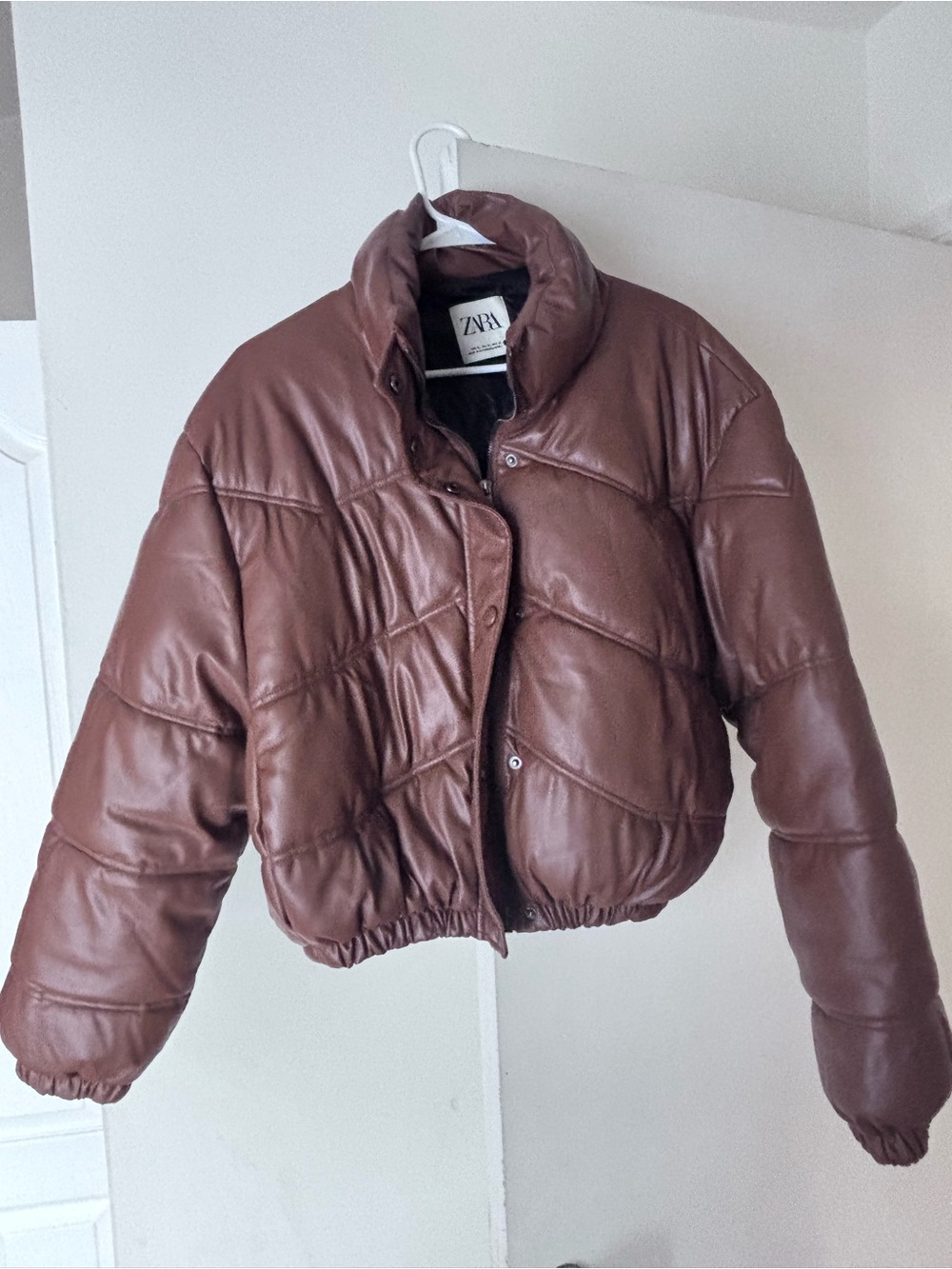 NWOT Zara Chestnut Brown Faux-Leather Puffer Jacket - Picture 3 of 5